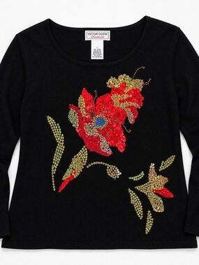 Victor Costa Beaded Sequin Floral Top Black Wearable Art Knit Size L